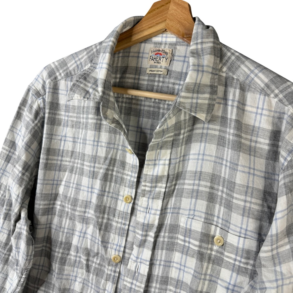 Faherty Brand Organic Cotton Plaid Button Down Shirt Grey Blue MWS2091-GCP